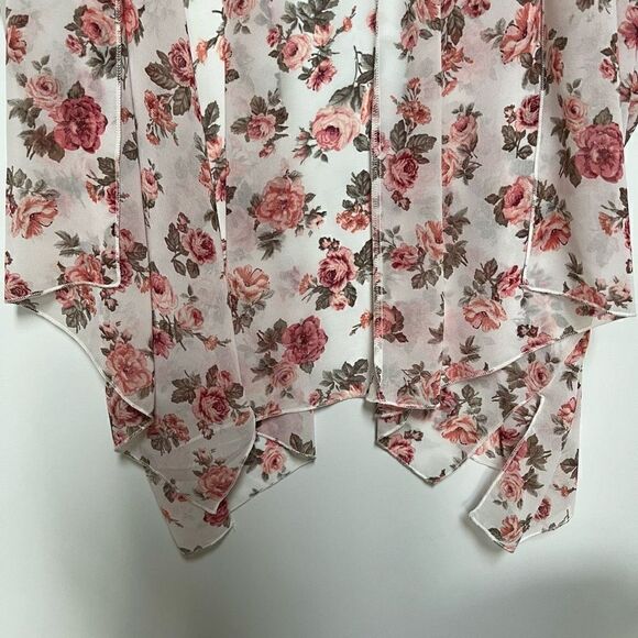 Forever 21 Kimono Robe Sheer Flowy Pink White Roses Flowers Boho size M - Picture 4 of 10
